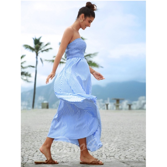 Striped Blue White Maxi Dress Strapless - Picture 3 of 6